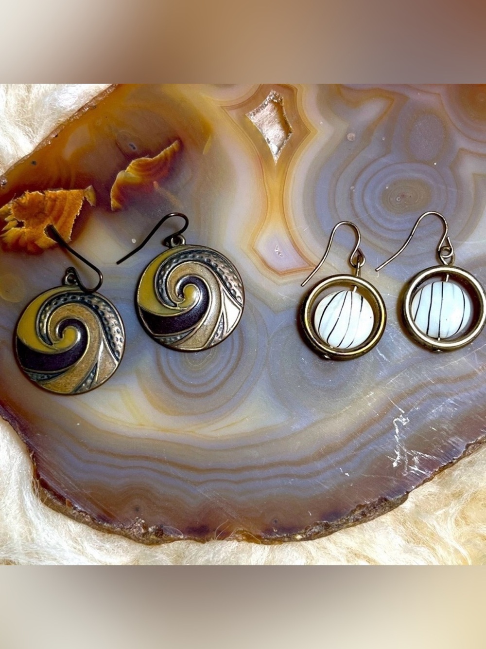 Set/2 Brass Vintage Earrings Beaded Enamel